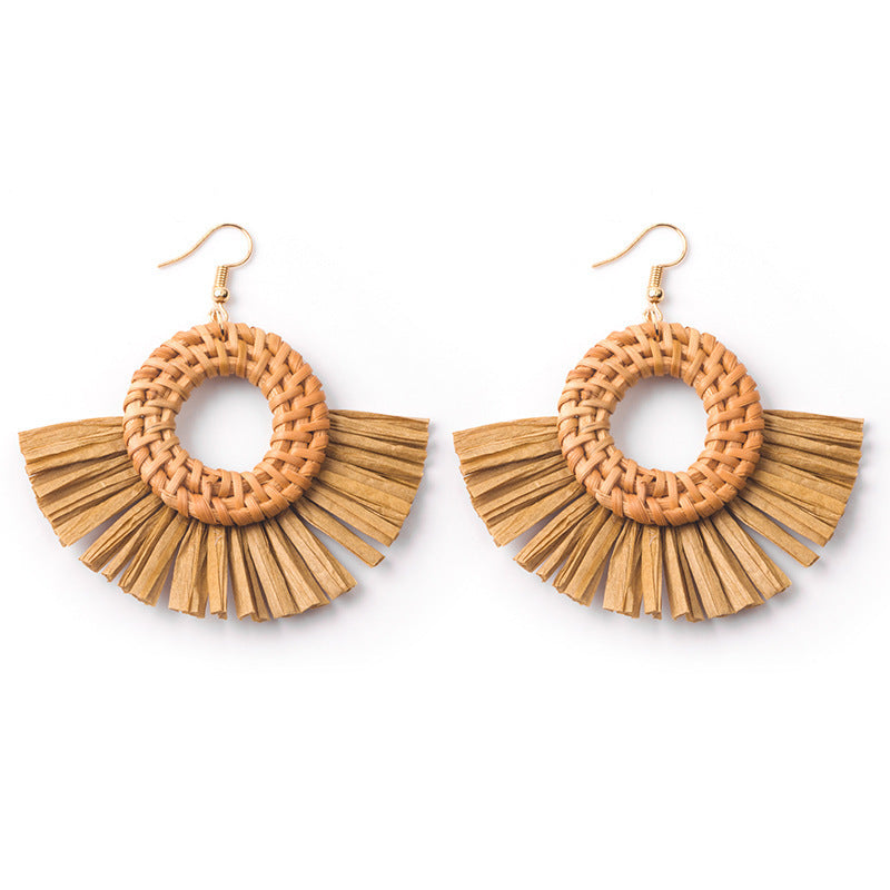 Wholesale Hand-woven Geometric Rattan Raffia Fan Earrings